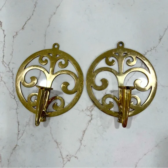 Vintage Brass Candle Wall Sconces Pair Cottagecore Cozy Farmhouse - Picture 1 of 5